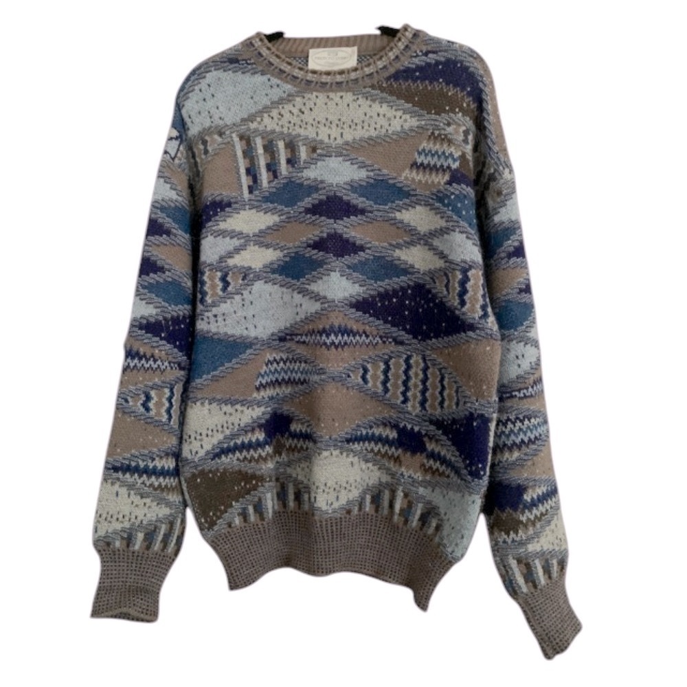 Pronto Uomo Made in Italy Geometric 3D Vintage Dad Sweater Blue Brown Sz L